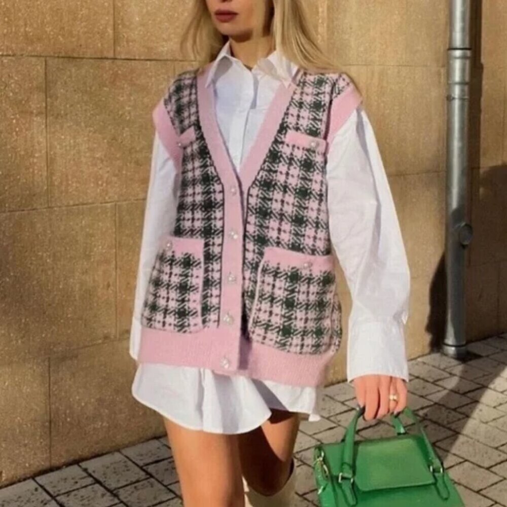 Zara Plaid Sweater Vest Pearl Buttons Pink Green Size Small Blogger Fav
